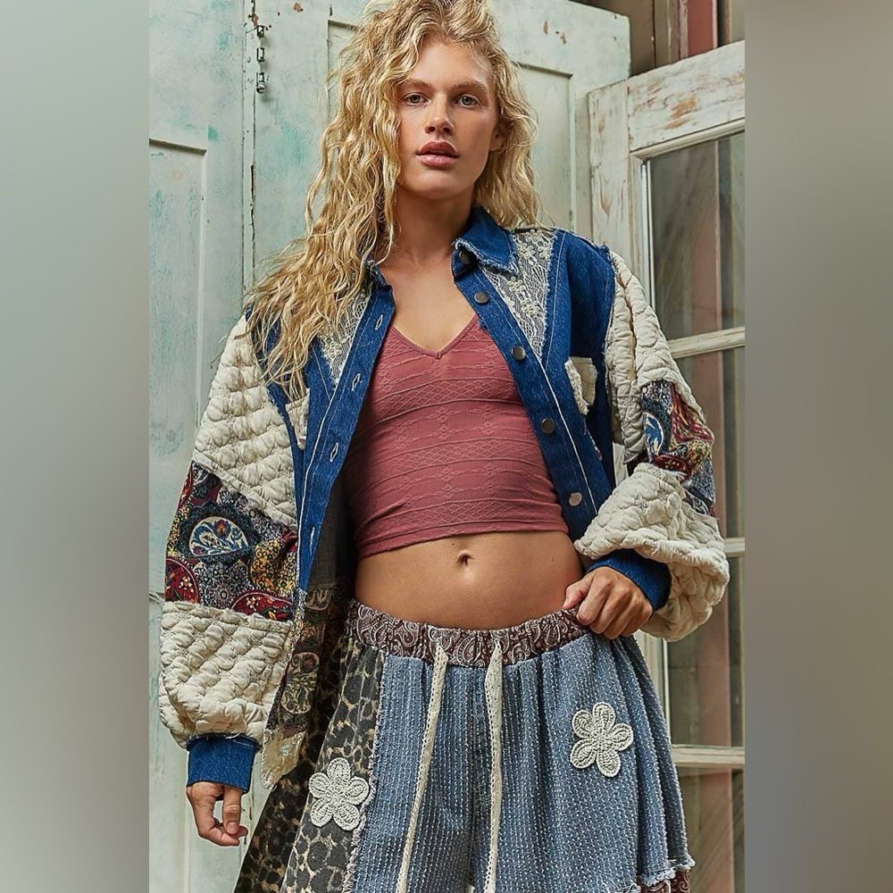 NEW POL Denim Blue Balloon Sleeve Patchwork Jacket Boho Lace Back Size Large - Picture 6 of 7